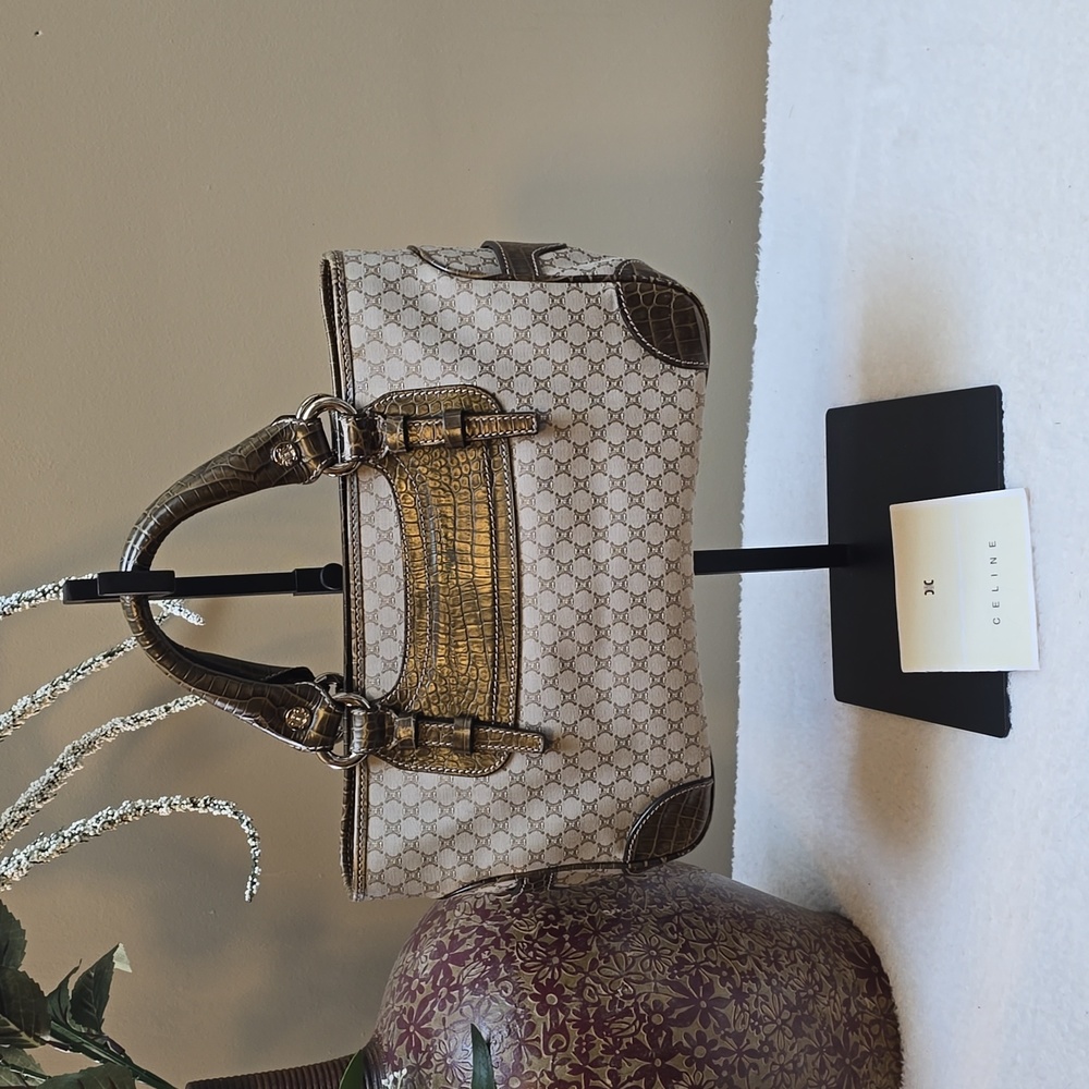 EUC CELINE Macadam Canvas Boogie Bag Hand Bag Beige Green Croc Embossed Trim